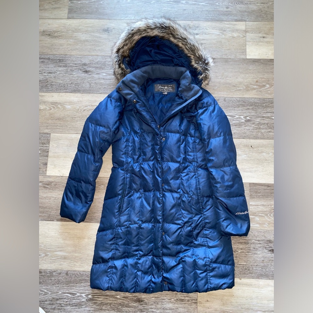 Eddie Bauer Women’s Blue Down Coat (650 down fill) with Fur Hood